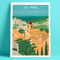 Affiche Les Baux-de-Provence, Massif des Alpilles, Eric Garence,  souvenir, cadeau, retro, vintage , illustration