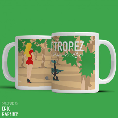 Mug "Fanny et la Place des Lices à Saint Tropez" , Eric Garence, Golfe, mehari, idée, noel, cadeau, cote d'azur, de funes, cruch