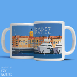 Mug " Port de Saint Tropez" , Eric Garence, Golfe, Yacht, clocher, noel, cadeau, cote d'azur, de funes, cruch