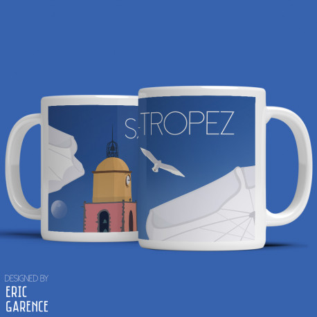 Mug "La Plage et le clocher de Saint Tropez" , Eric Garence, Golfe, mehari, idée, noel, cadeau, cote d'azur, de funes, cruch