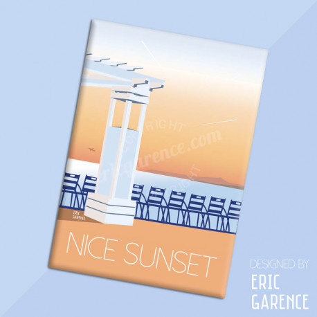 Magnet, "Nice Sunset et les chaises bleues" Aimant, Eric Garence, Deco, house, gift, cadeau, business, nice, cote d'azur, arti