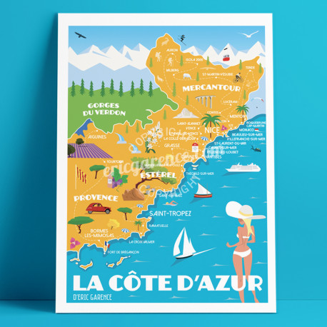Affiche "La Carte de la Côte d'Azur" par Eric Garence, Côte d'Azur France cadeau illustration