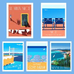 Pomenade des Anglais, Blue Chairs - ART PACK - NICE FRENCH RIVIERA  -  Poster Art Gallery Artwork, Colorful