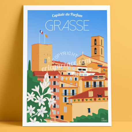 Affiche "Grasse" par Eric Garence, Côte d'Azur France cadeau Parfum Capitale Fleurs