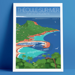 Affiche "Théoule-sur-Mer, Port de la Figueirette" par Eric Garence, Côte d'Azur France cadeau Plage, esterel, roche rouge, vinta