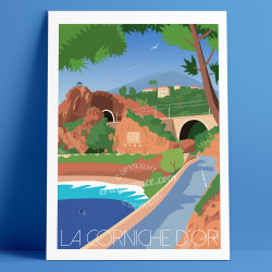 Affiche "Esterel, La Corniche d'Or" par Eric Garence, Côte d'Azur France cadeau Plage, esterel, roche rouge, vinta