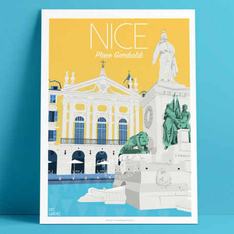 Affiche Nice, Place Garibaldi, coulée verte, façades, affiche rétro, par Eric Garence, Côte d'Azur France luxe français made in 
