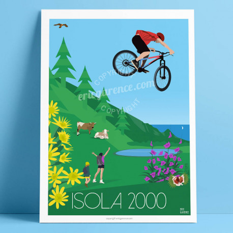 Affiche Isola 2000 en été par Eric Garence, Côte d'Azur France voyage souvenir vacances  palace Alpes snow station champion vélo