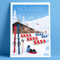 Affiche Isola 2000 en hiver par Eric Garence, Côte d'Azur France voyage le chalet sur les pistes