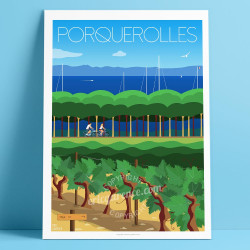 Eric Garence Affichiste : Affiche Porquerolles A Bicyclette dans les vignes